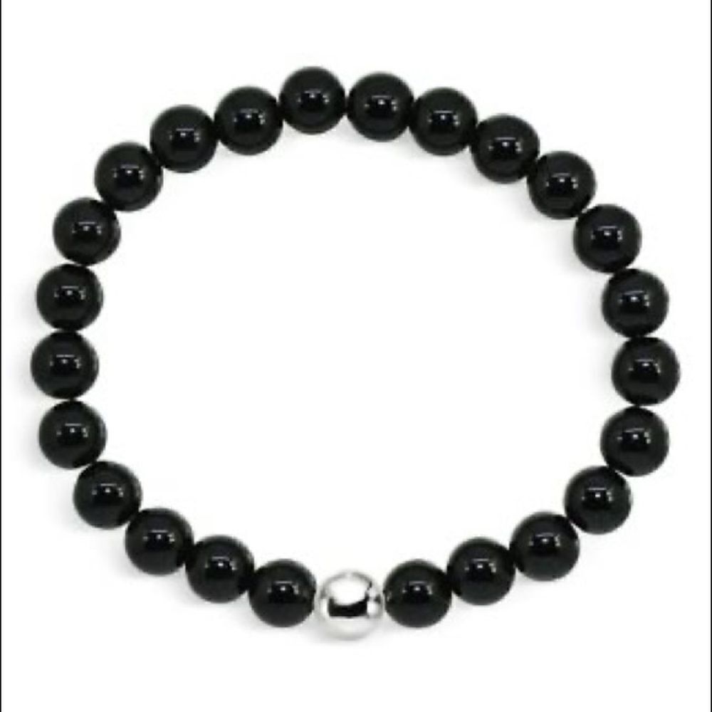 AQUA Sterling Silver & Black Onyx Bead Stretch Bracelet Bloomingdales NWT